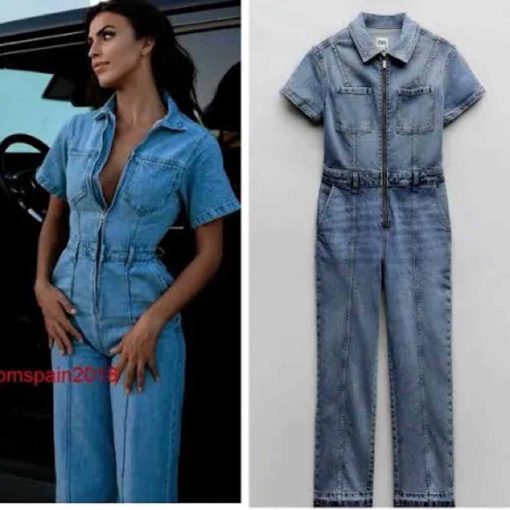 NWT Zara Light Blue Denim Zip-Front Women's Jumpsuit